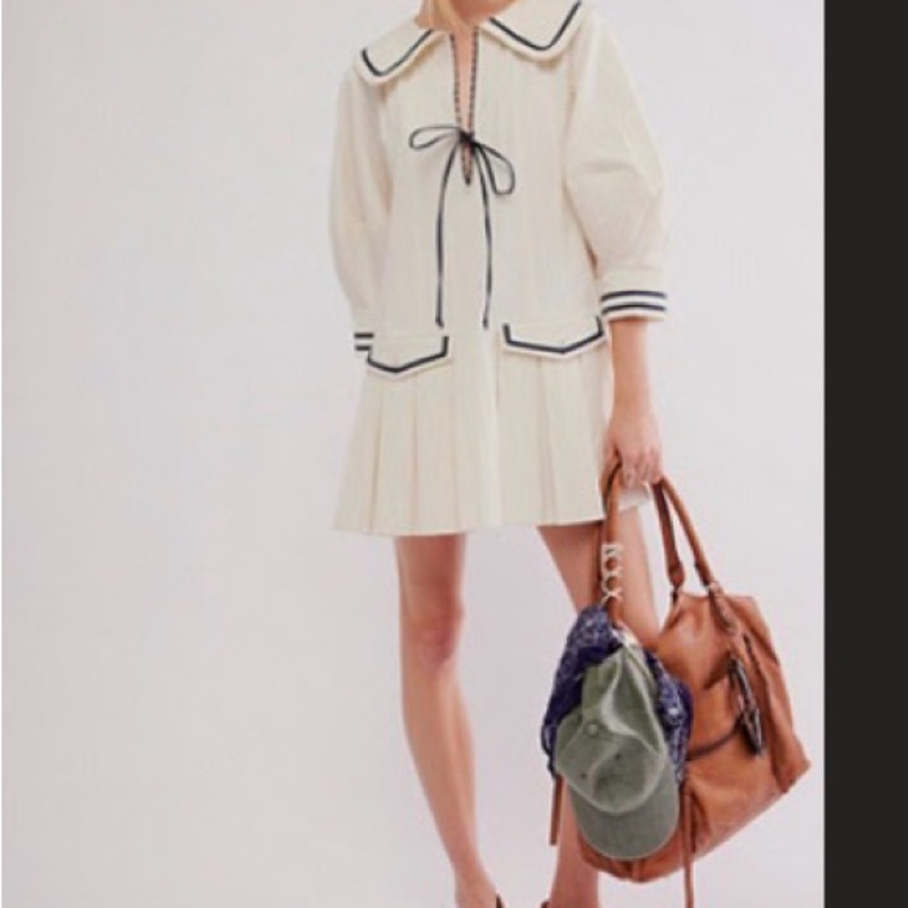 Free People Cream Midi Dress with Navy Trim and Sailor Collar